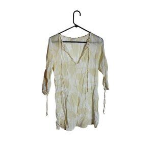 Merona Womens Yellow & White Sheer 3/4 Sleeve Blouse With Beaded V-Neck